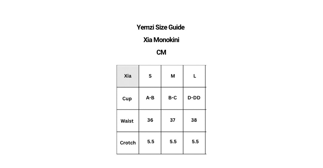 Yenzi Size Guide for Xia Monokini with measurements in centimeters.
