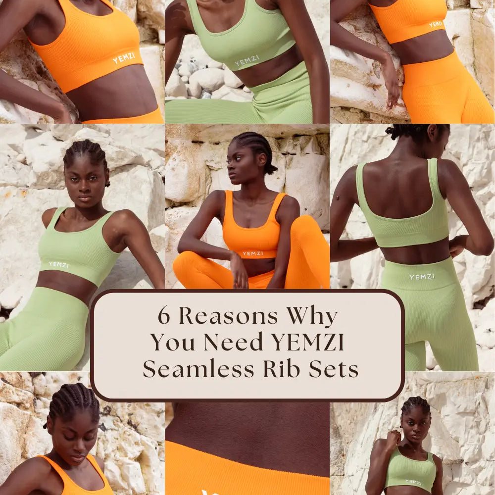 model wearing fanta orange and sage green ribbed activewear