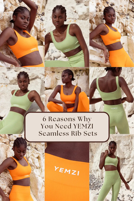 model wearing fanta orange and sage green ribbed activewear