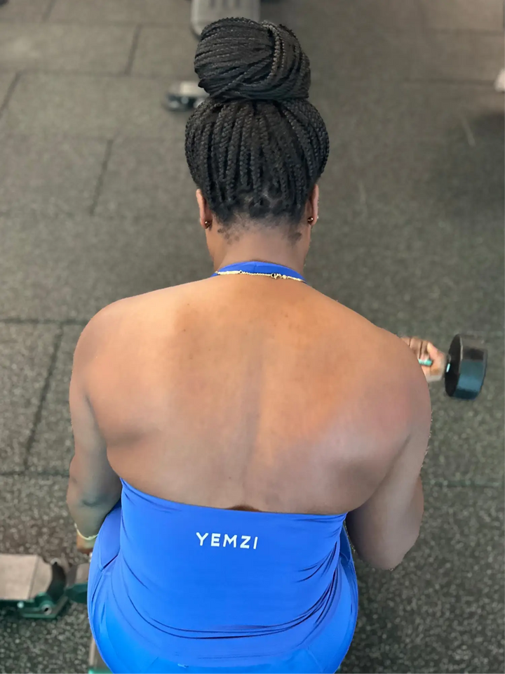 back view of royal blue halter wrap top