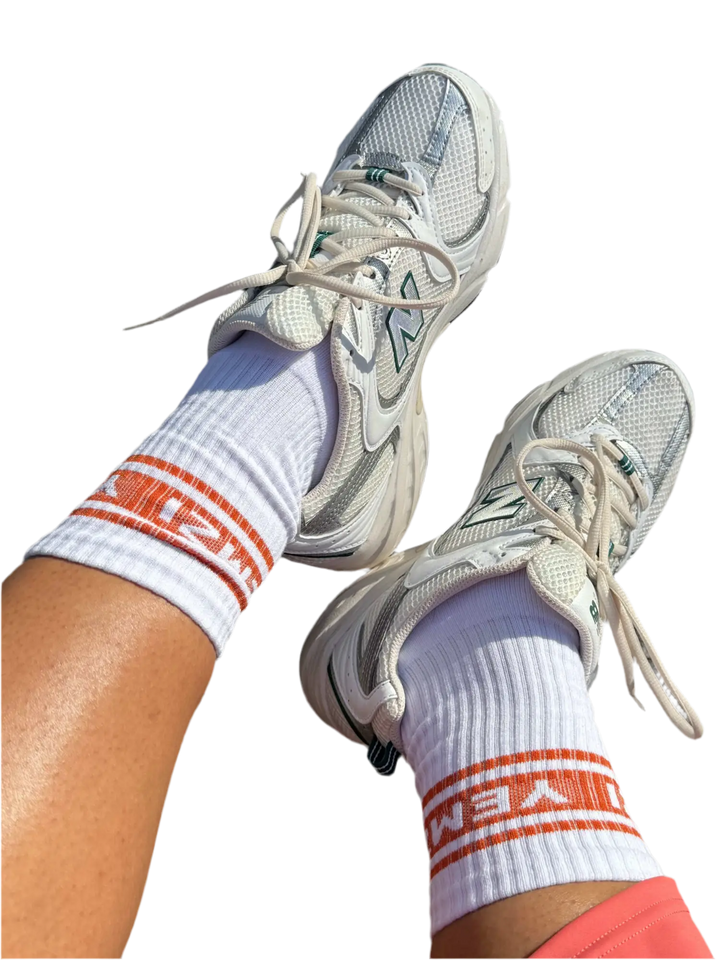 cotton crew socks worn by a lady