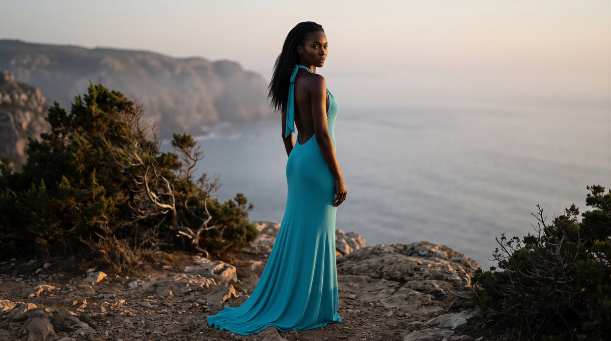 A woman stands on a rocky coastal cliffside wearing a flowing turquoise halter-neck maxi dress with an open back, overlooking the ocean at sunset.