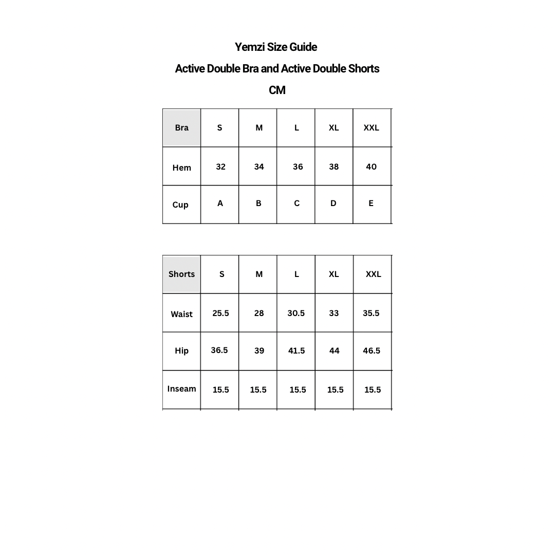 Yemzi Size Guide for Active Double Bra and Active Double Shorts in centimeters
