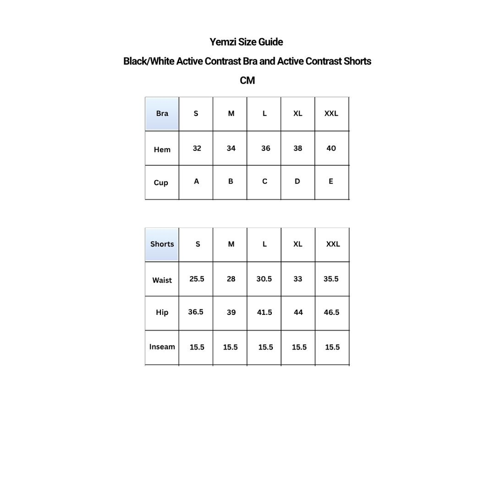 Yemzi Size Guide for Active Double Bra and Active Double Shorts in centimeters
