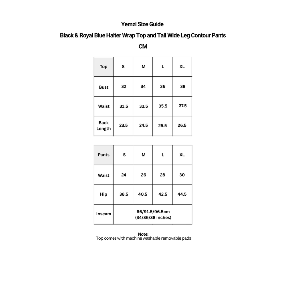A size guide table for 'Black & Royal Blue Wrap Top and Tall Wide Leg Contour Pants' showing measurements in centimeters for sizes S, M, L, and XL, with a note about machine-washable removable pads.