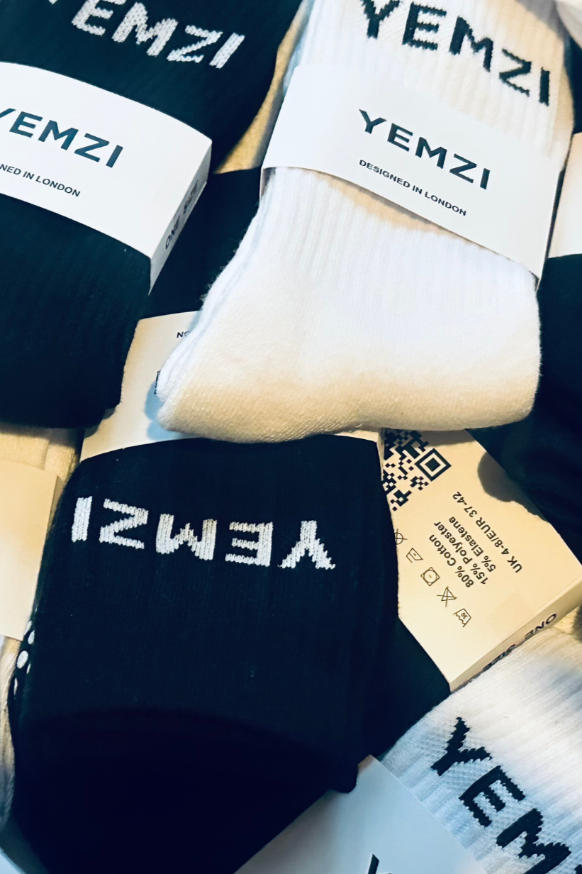 Unisex Black White Crew Socks Yemzi Logo Plain Grip