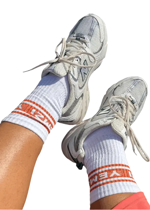 YeMZi chilli crew socks with white and silver trainers