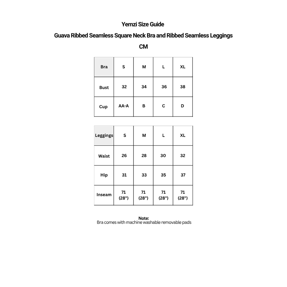 A size guide chart for Guava ribbed seamless square neck bra and ribbed seamless leggings, showing measurements in centimeters for bra cup, bust, and leg dimensions across sizes S, M, L, and XL.