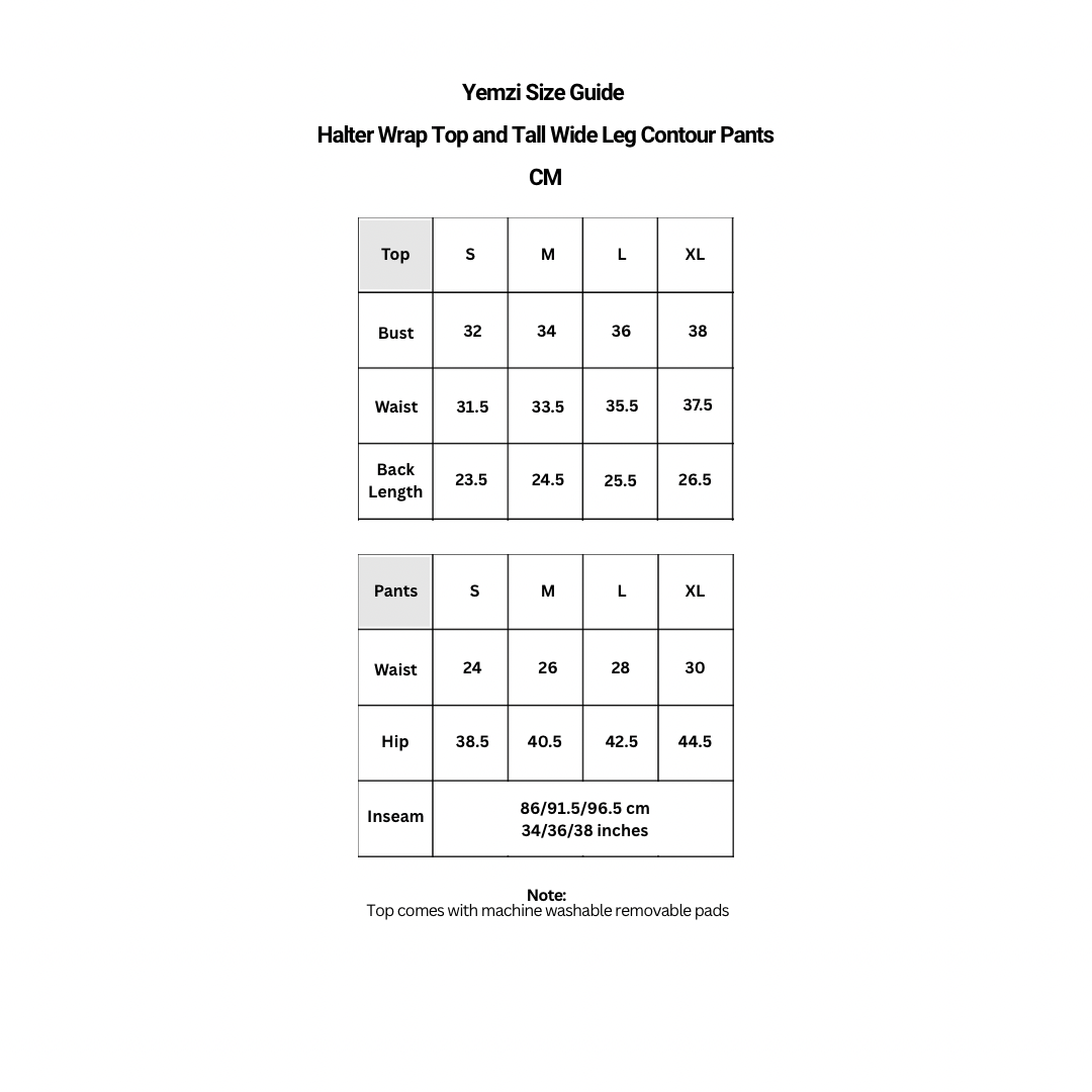 Halter wrap top and contour trousers size guide
