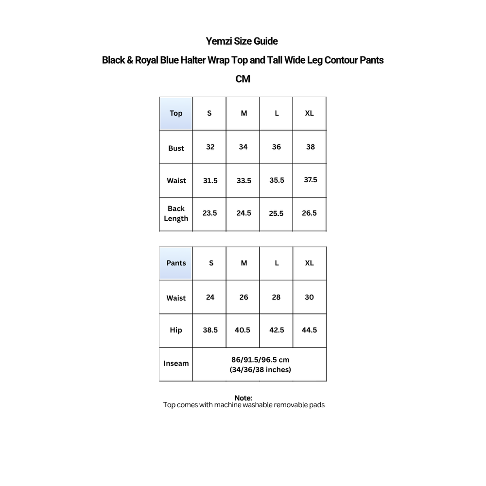 Halter wrap top and contour trousers size guide