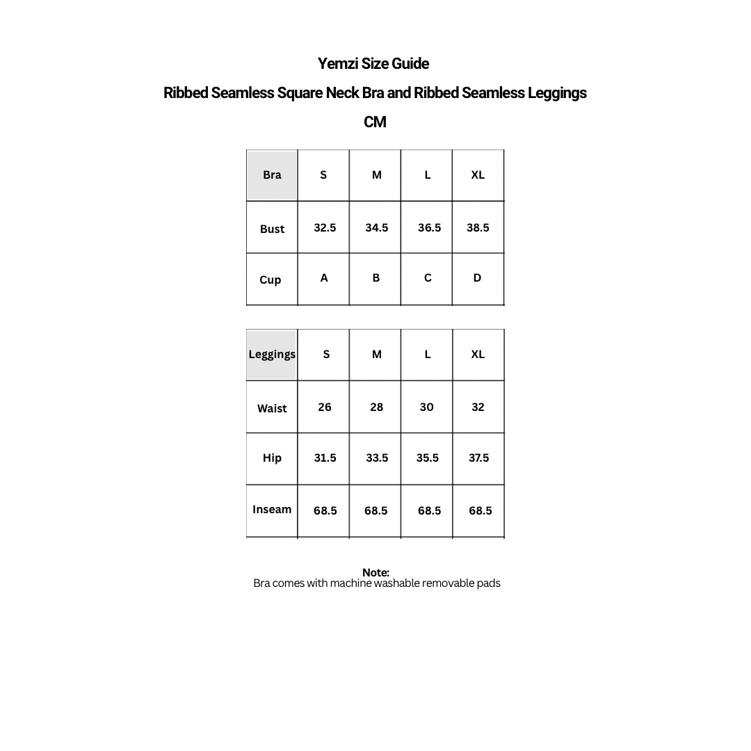 Ribbed sports bra and leggings size chart 