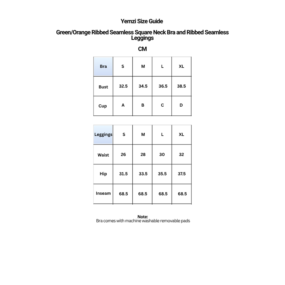Ribbed sports bra and leggings size chart 