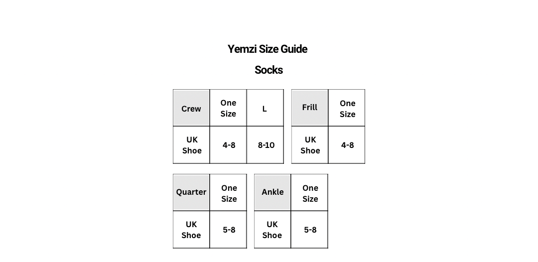 Socks size guide, one size and large - crew, frill, classic, ankle