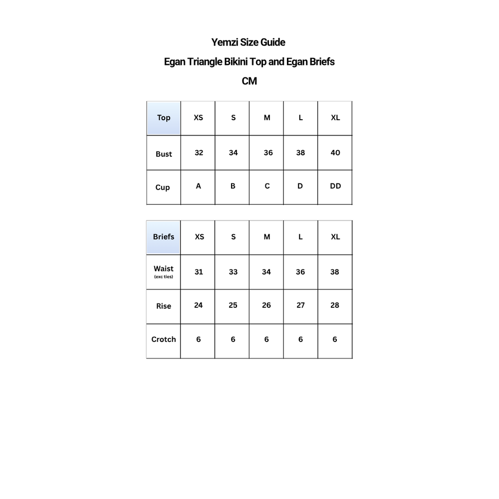 Egan triangle bikini top and briefs size guide 