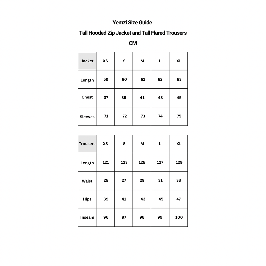 Tall hooded jacket and flared trousers size guide