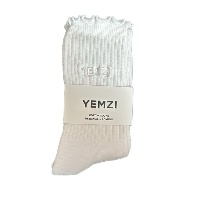 A pair of white cotton socks with embroidered brand logo