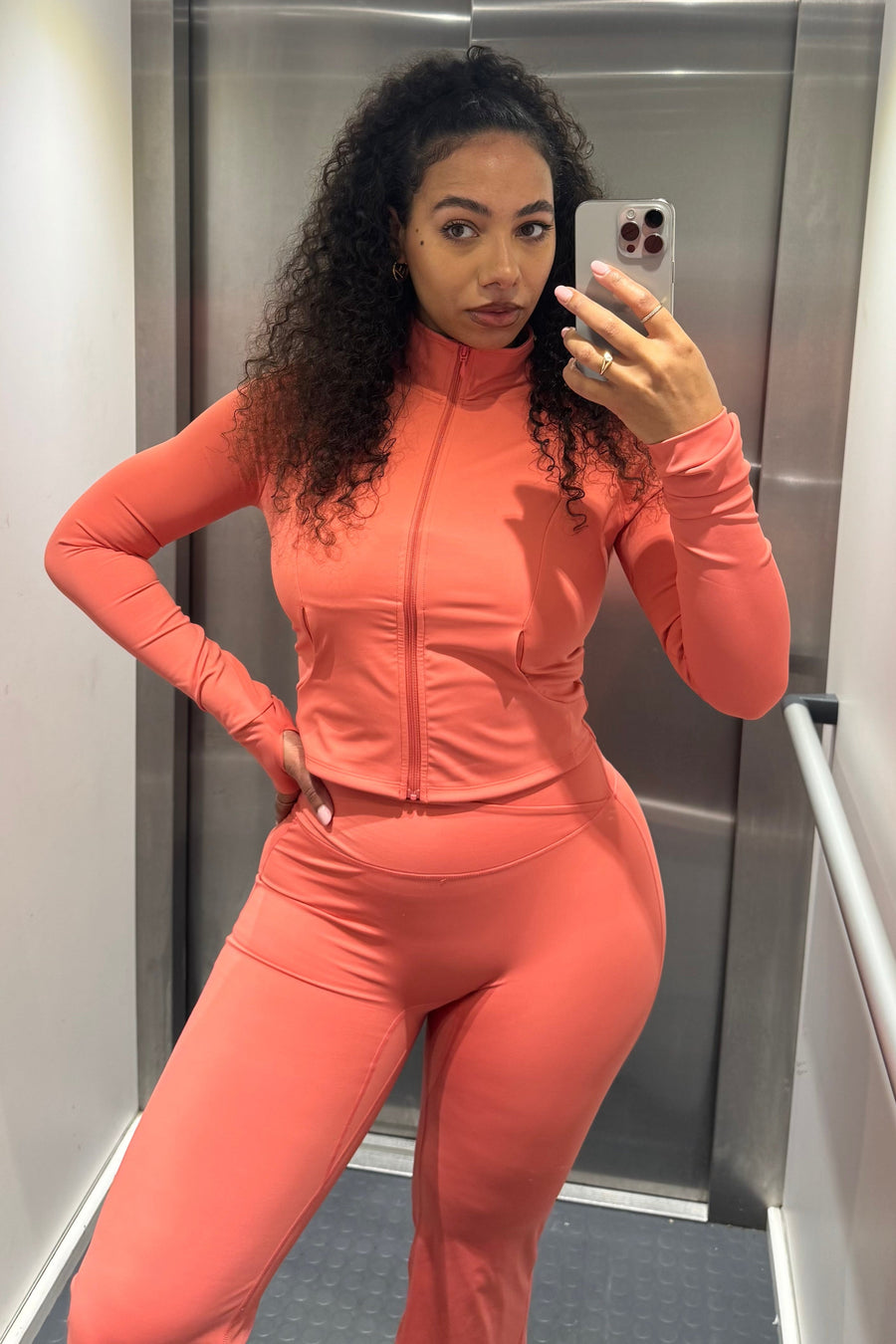 Yemzi Guava Pink Peachy Active Cropped Zip Jacket Thumbhole