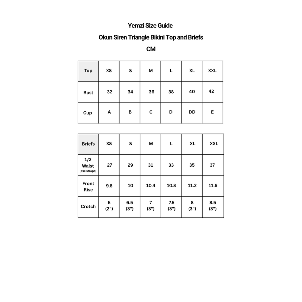 A size guide table in Turkish for Okun Siren Triangle Bikini Top and Briefs, showing measurements in centimeters for sizes XS through XXL, with columns for Top, Bust, Cup for the top and 1/2 Waist, Front Rise, and Crotch for the briefs.