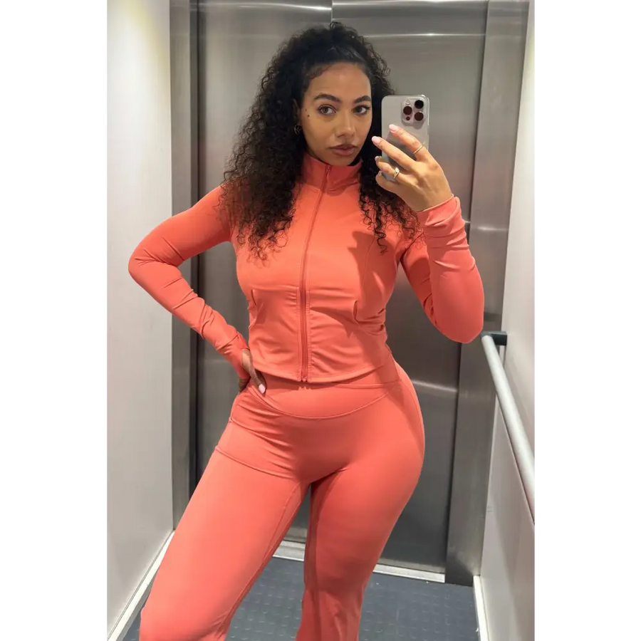 Yemzi Guava Pink Peachy Active Cropped Zip Jacket Thumbhole