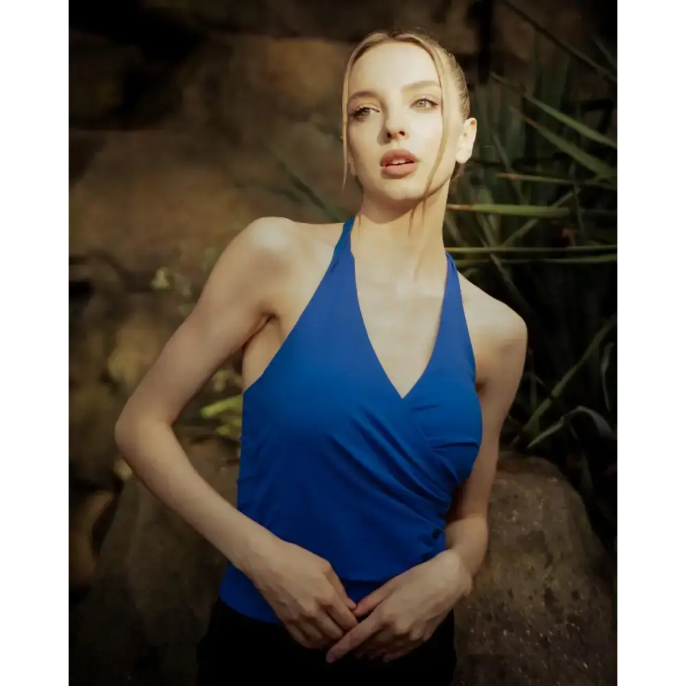 Royal Blue Halter Neck Built in Shelf Wrap Top - Activewear