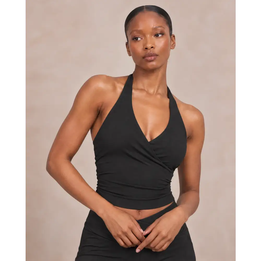 Halter Neck Built in Shelf Wrap Top (Black Blue) - Activewear