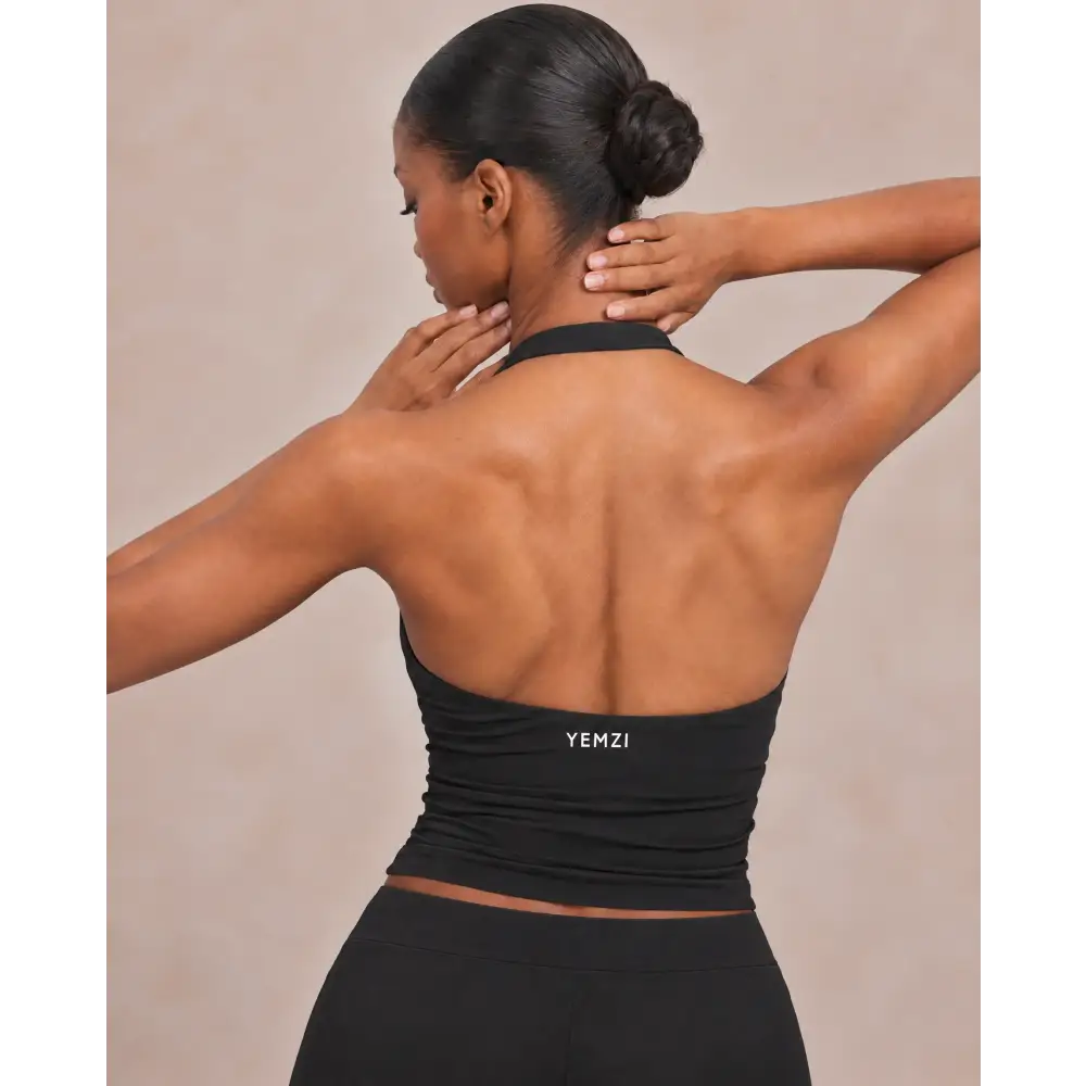 Halter Neck Built in Shelf Wrap Top (Black Blue) - Activewear