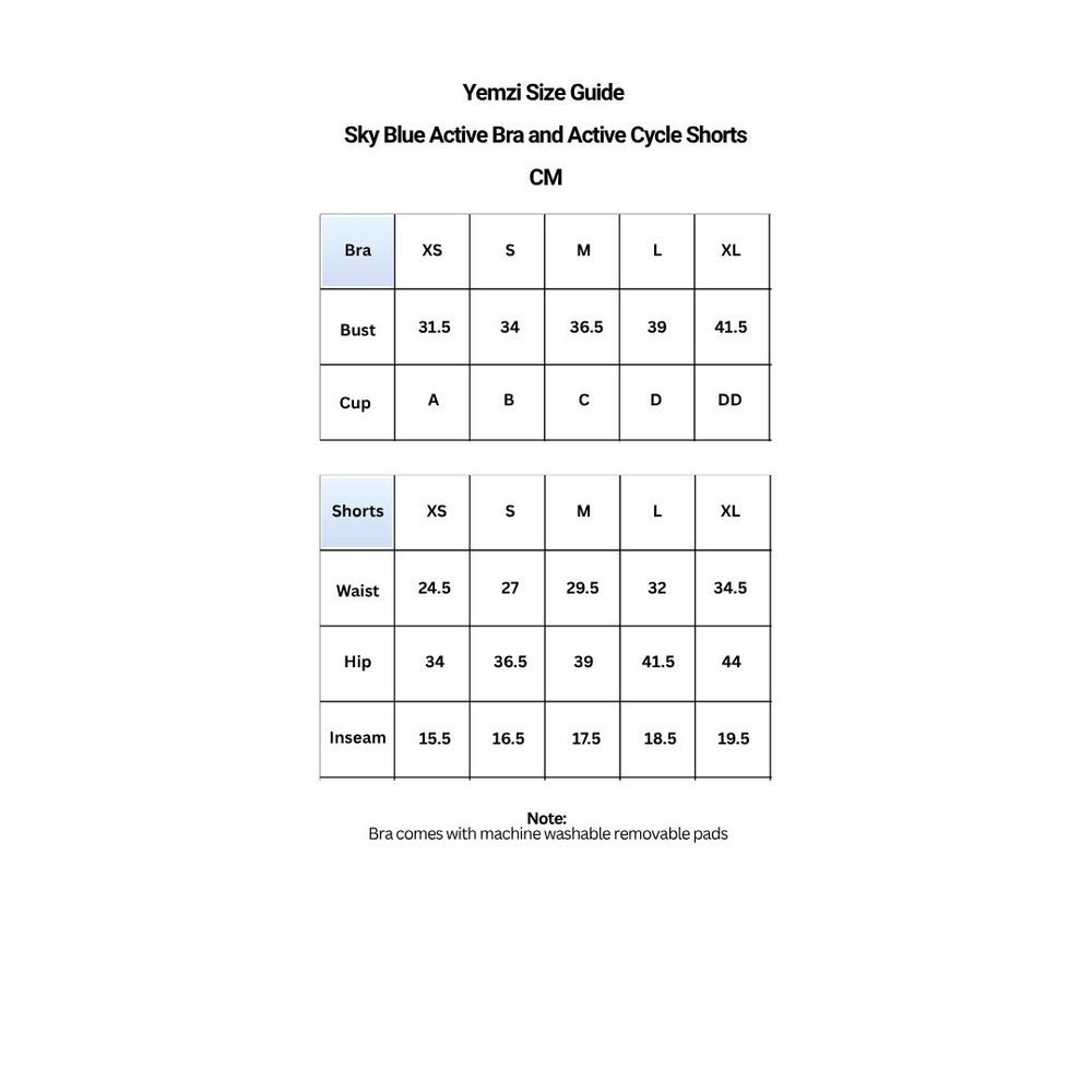 Sky Blue Bra Shorts Size Chart