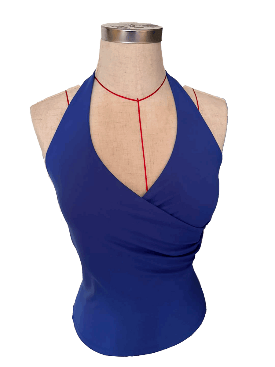 Blue halter top on a mannequin with a white background