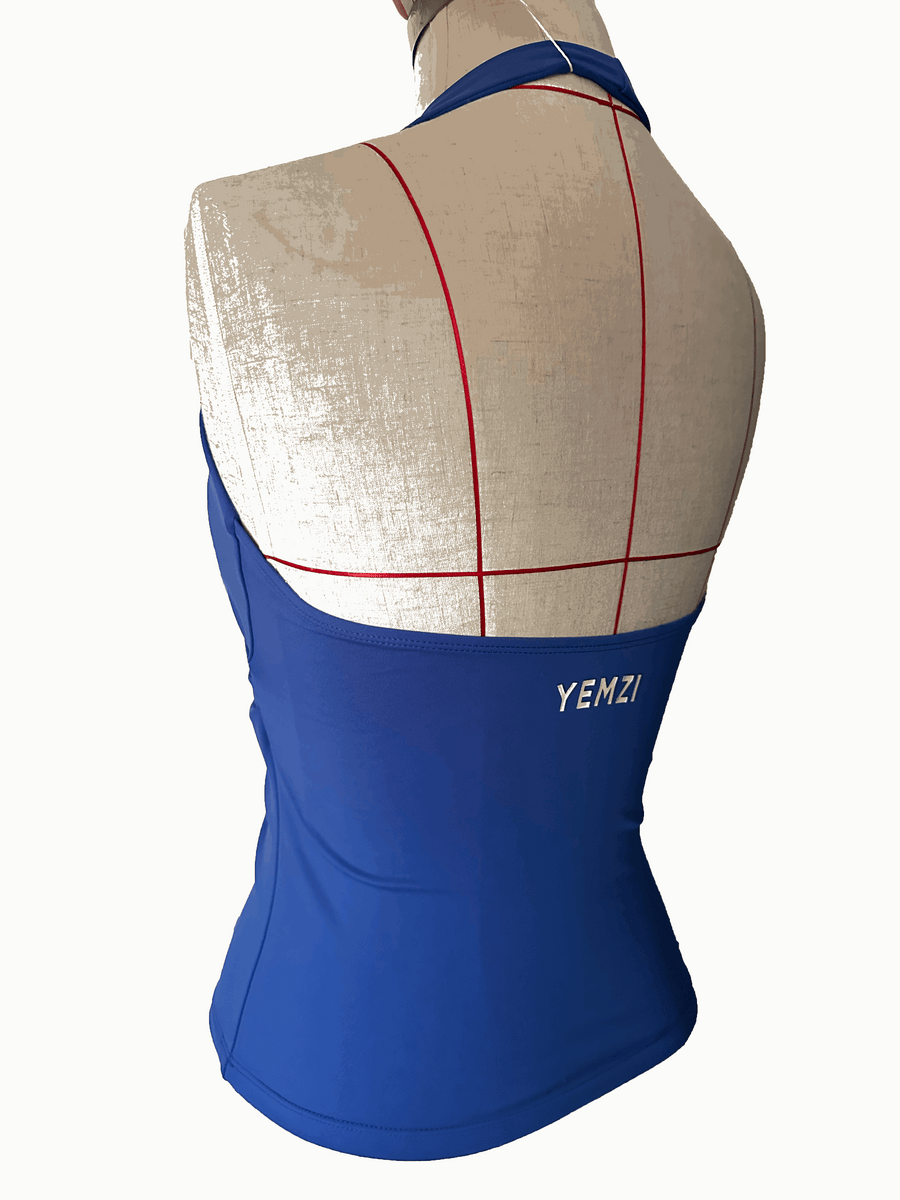 Blue halter top on a mannequin with visible yemzi branding against a white background