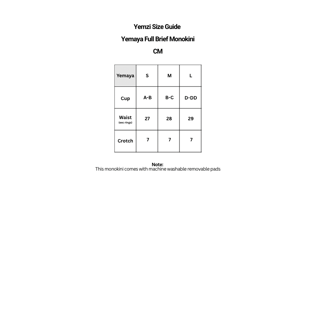 Yemzi Size Guide for Yemaya Full Brief Monokini with measurements in centimeters.