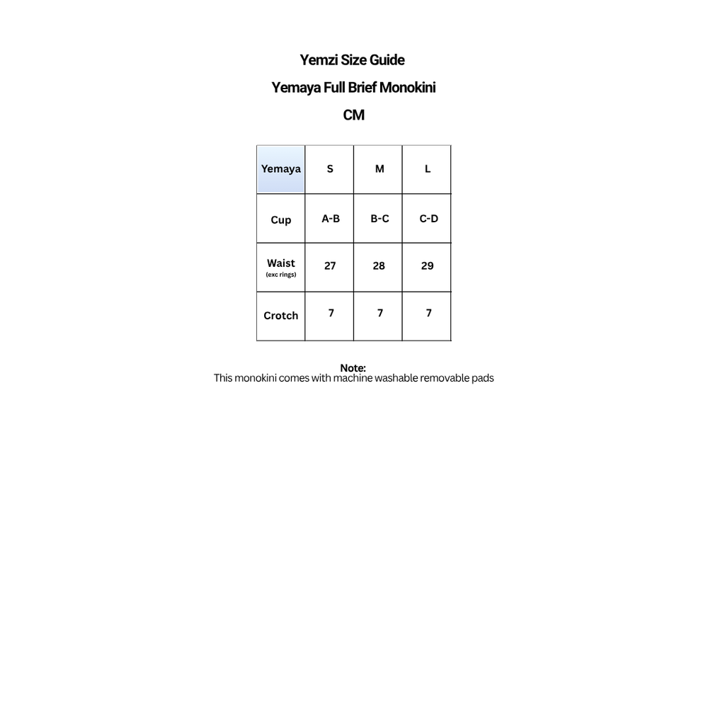 Yemzi Size Guide for Yemaya Full Brief Monokini with measurements in centimeters.