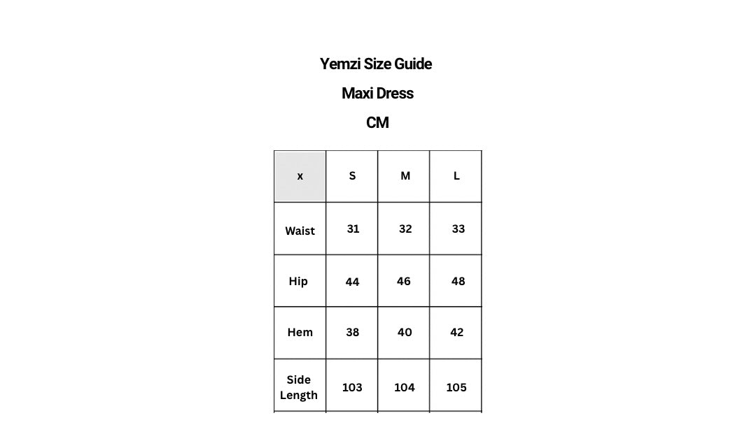 Yenzi Size Guide for Maxi Dress with measurements in centimeters