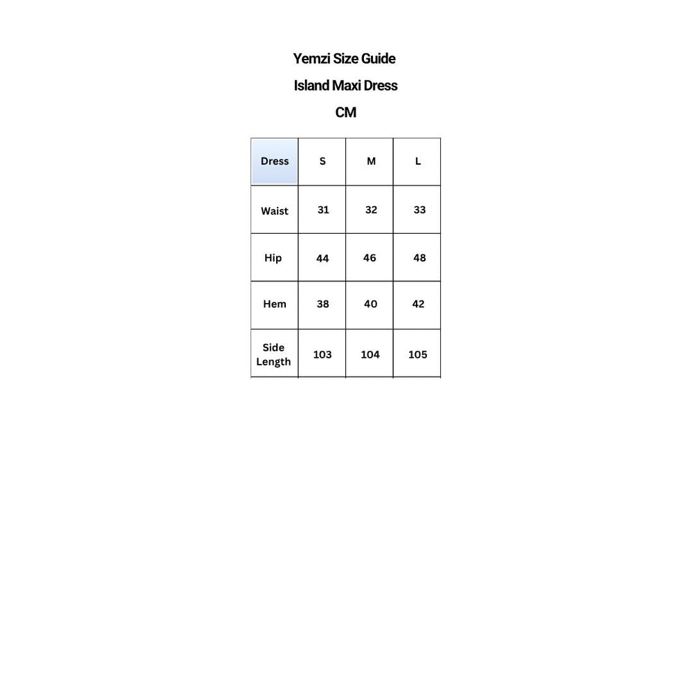Yenzi Size Guide for Maxi Dress with measurements in centimeters
